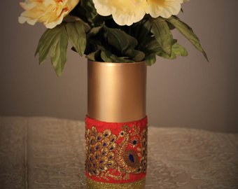 Enameled Peacock Design Brass Flower Vase