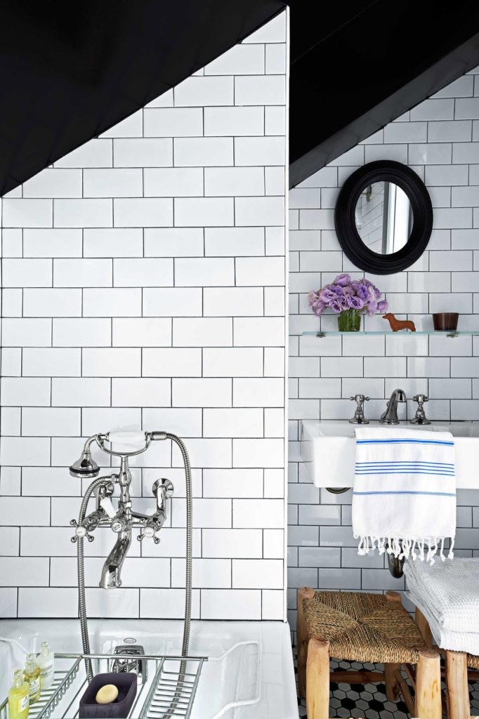 Gray-grouted subway tiles