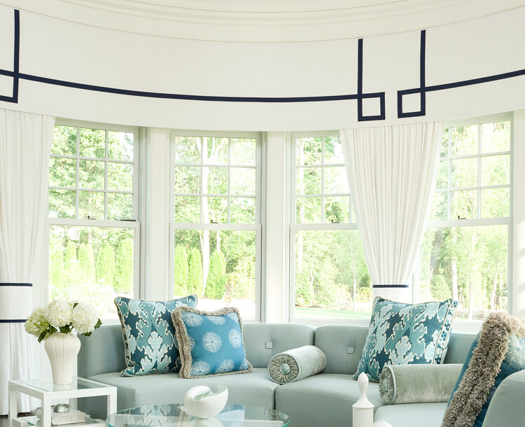 Add multiple arch windows curtains on with adjacent walls